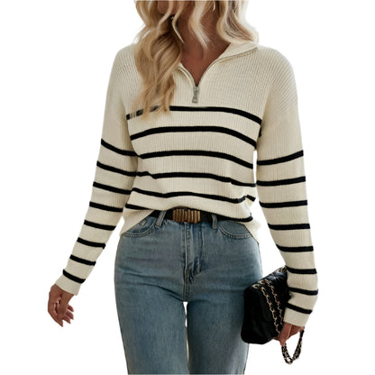 Striped Knit Sweater Zipper Collar