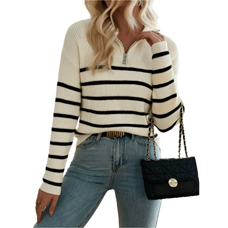 Striped Knit Sweater Zipper Collar